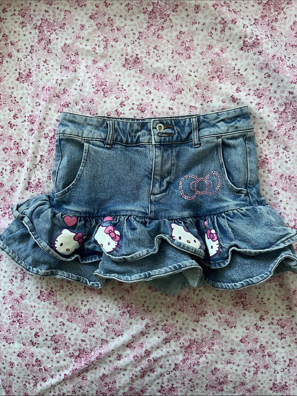 Sanrio Hello Kitty Denim Ruffle Mini Skirt - Blue with Pink Accents